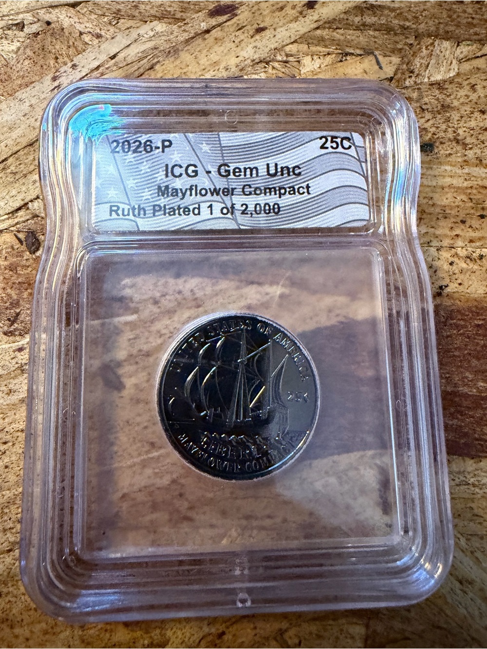 Mayflower Compact Commemorative Coin 2026-p gem unc plus ruthenium plated